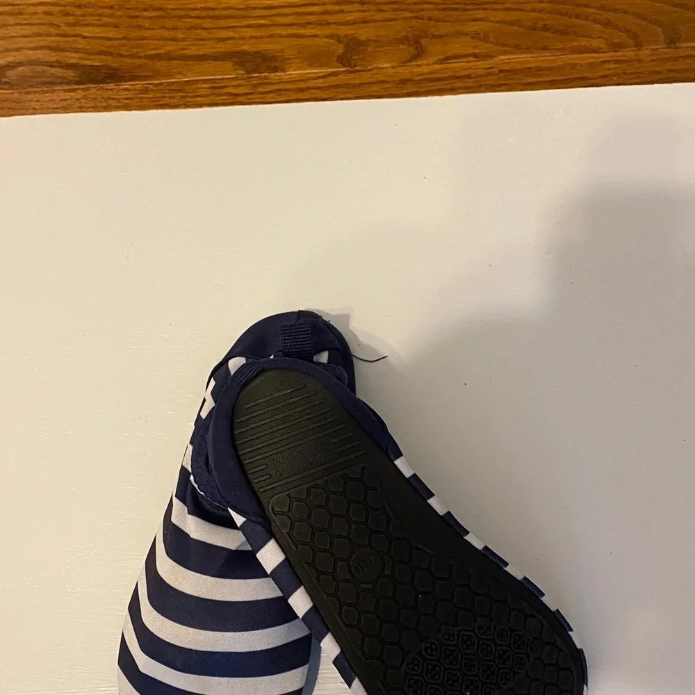 Blue and white stripe slippers, size 9 or 10